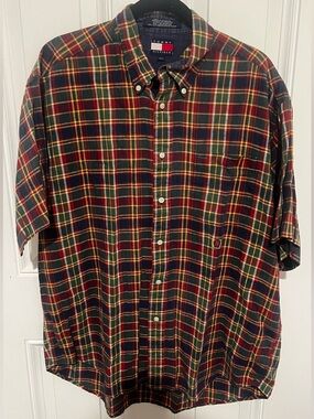 VTG Tommy Hilfiger 90s Men's Sz Large Linen Plaid Short Sleeve Button Down Shirt